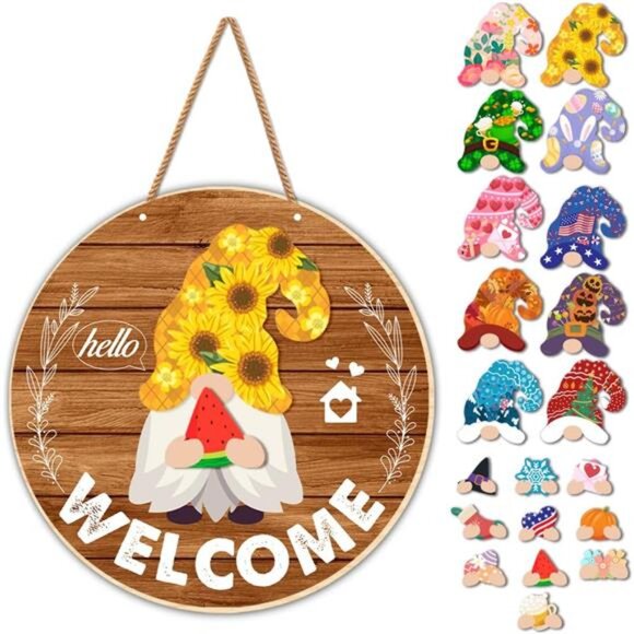 Interchangeable Welcome Sign for Front Door Seasonal Gnome Wood - Picture 1 of 8
